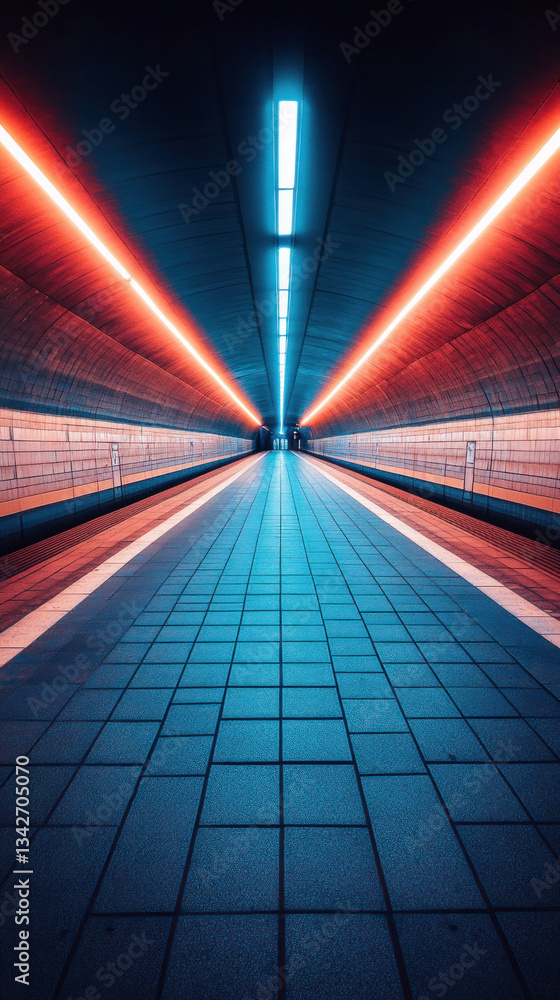Aufkleber a long, narrow tunnel with red and blue lights illuminating the way. the tunnel is empty and the lig