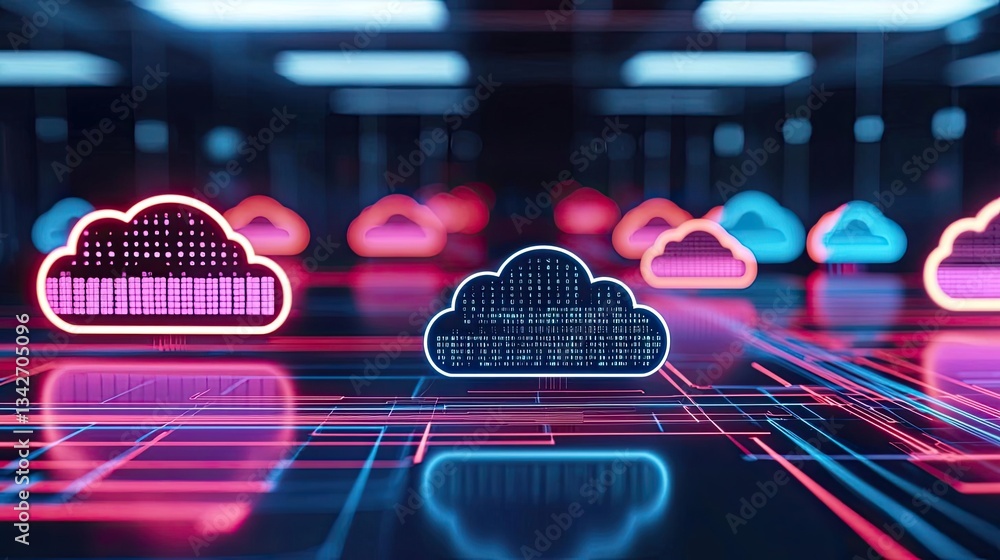 Poster cloud technology database backup and hybrid computing concept. a vivid illustration of digital cloud