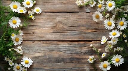 Fototapeta premium A rustic wooden background, adorned with delicate chamomile daisies in shades of white and pale yellow, creating a calming and peaceful scene.