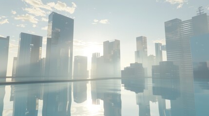 Fototapeta premium Stunning 3D Render: Mesmerizing Morning View of a Perspective Glass Building
