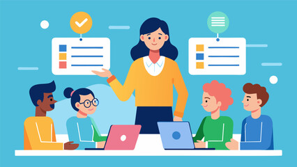 The editorinchief leading a meeting with the team assigning specific tasks and ensuring everyone is on track.. Vector illustration