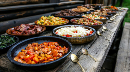 Obraz premium Colorful Spread of Freshly Prepared Dishes on Rustic Wooden Table in Outdoor Setting
