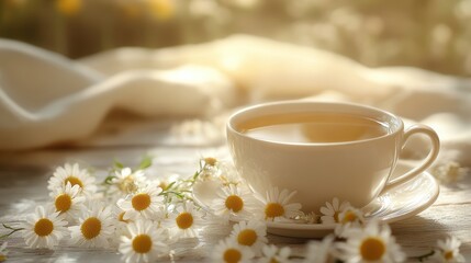 A fragrant cup of chamomile tea, adorned with delicate, golden buds, promising a soothing escape into a world of tranquility and floral aromas.