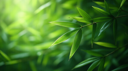 Fototapeta premium Fresh bamboo leaves swaying gently, illuminated by soft natural light, with a dreamy green forest backdrop.
