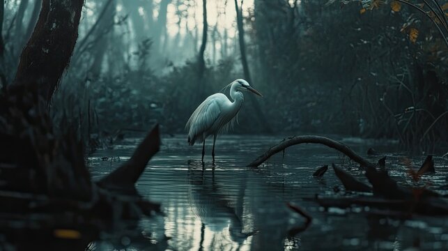 Heron Hunting in Misty Swamp at Dawn. - Powered by Adobe