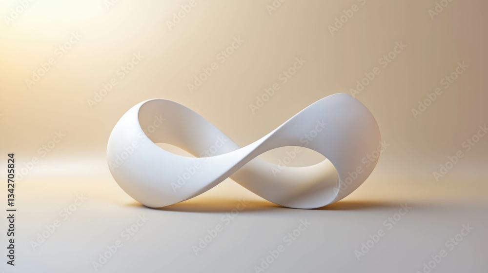 Poster elegant white infinite loop sculpture on neutral background with soft light reflection