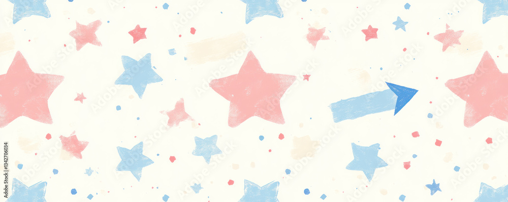 Poster a colorful star pattern with a blue arrow pointing to the right. the stars are scattered throughout 