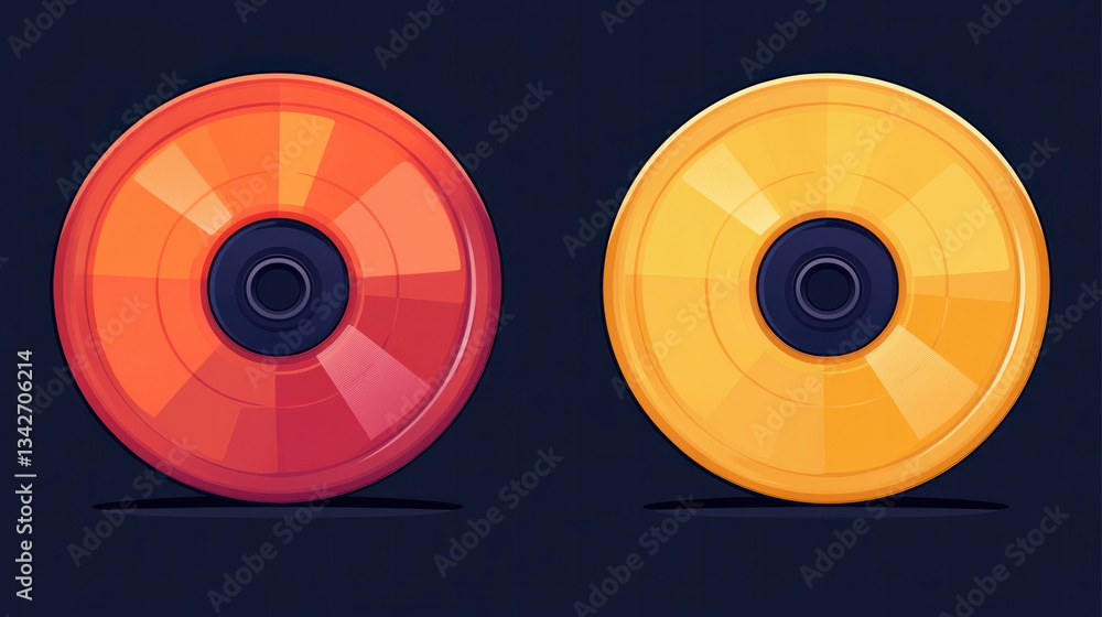 Poster two orange and red discs with a black background. the discs are in a close up view. the discs are of