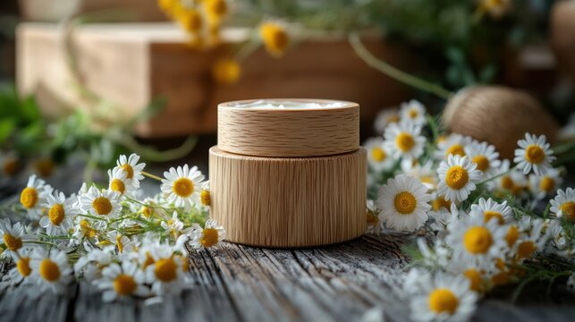 A rustic wooden jar, adorned with delicate chamomile flowers, held a golden elixir of organic, natural moisturizer cream, promising a touch of soothing comfort and revitalization.