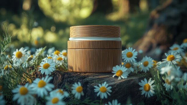 A rustic wooden jar, adorned with delicate chamomile flowers, held a golden elixir of organic, natural moisturizer cream, promising a touch of soothing comfort and revitalization.