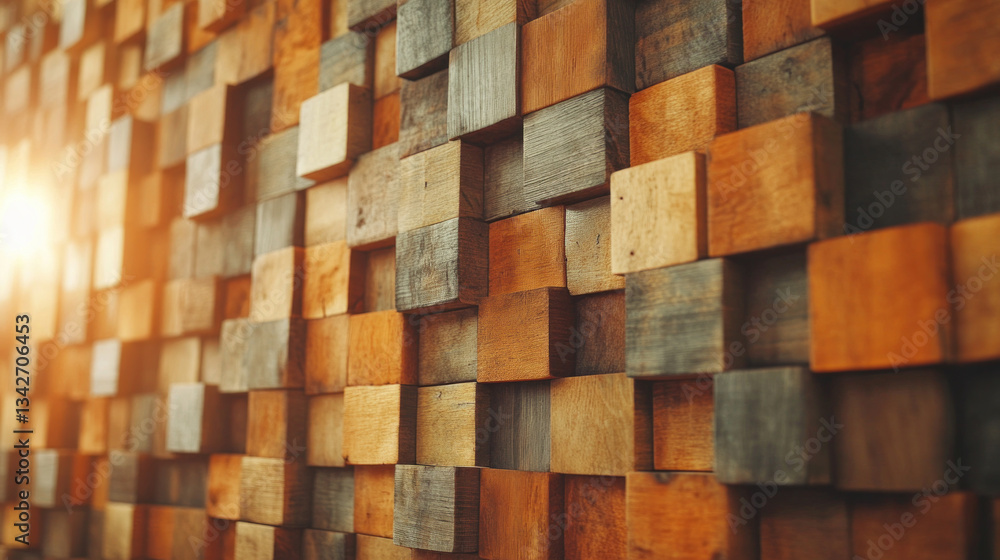 Poster a wall made of wooden blocks in various shades of brown and gray. the blocks are arranged in a way t