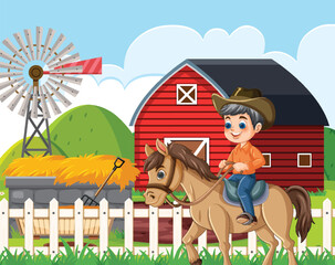 Fototapeta premium Happy Boy Riding Horse on Farm