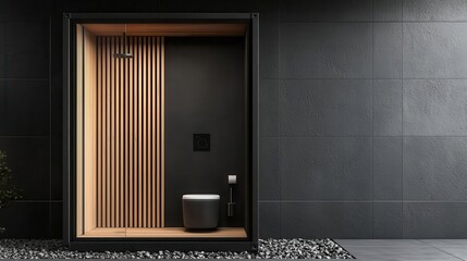 Fototapeta premium Sleek black container toilet with vertical wood slats, positioned in a minimalist stone courtyard, isolated, container toilet, chic and modern