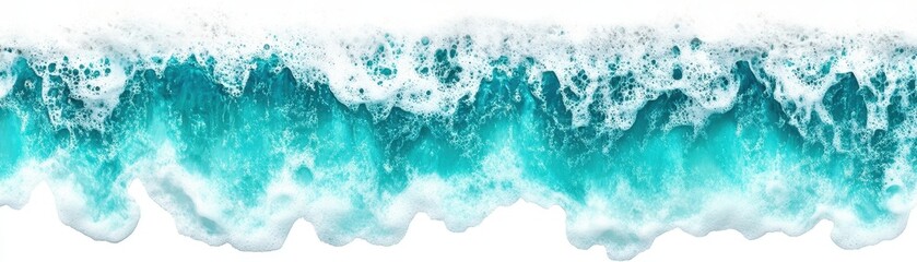 A captivating image of a wave crashing onto a sandy beach, with frothy white foam contrasting against the clear blue water, all set against a serene white background.