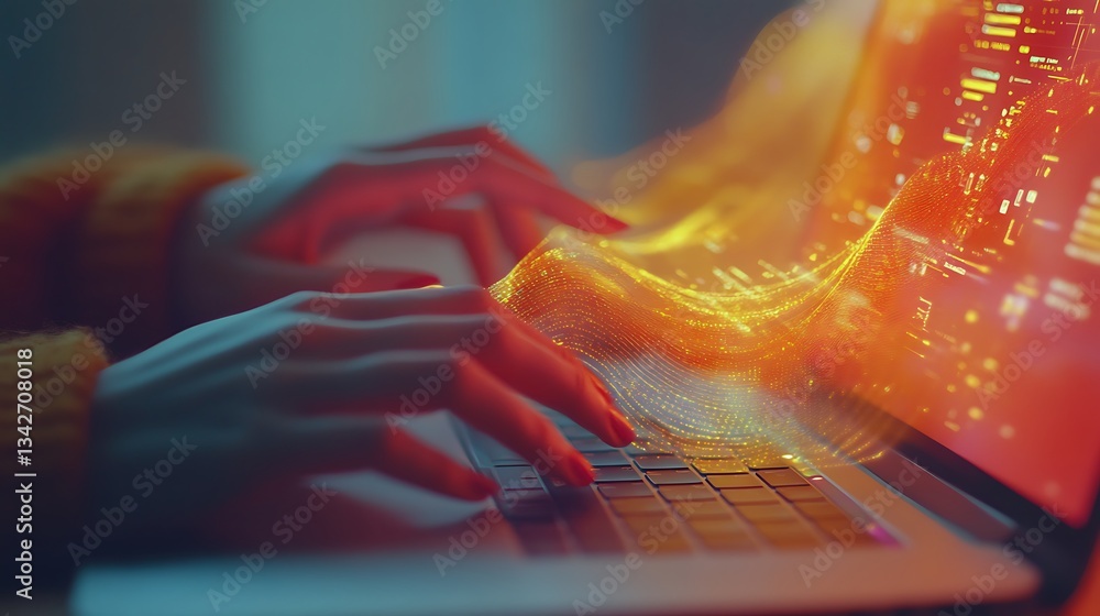 Poster typing on laptop with digital waves, a person typing on a laptop with colorful digital waves emanati