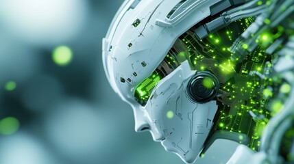 Futuristic robotic head with glowing green circuitry