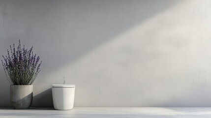 Matte gray container toilet with clean lines, set among concrete pavers and lavender bushes, isolated, container toilet, modern and minimalist