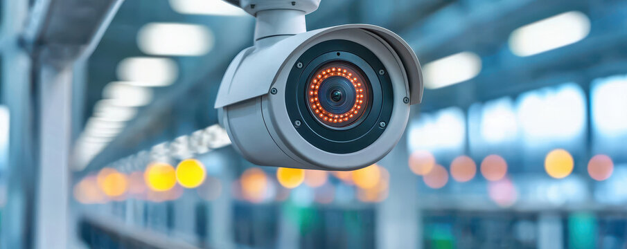 security camera monitors factory production line with bright lights