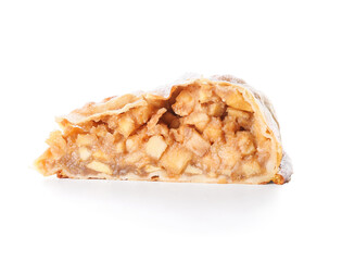 Piece of tasty pear strudel on white background
