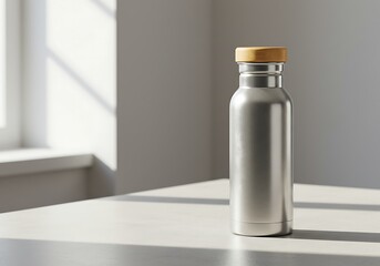 Reusable Metal Water Bottle with Wooden Lid in Sunlight