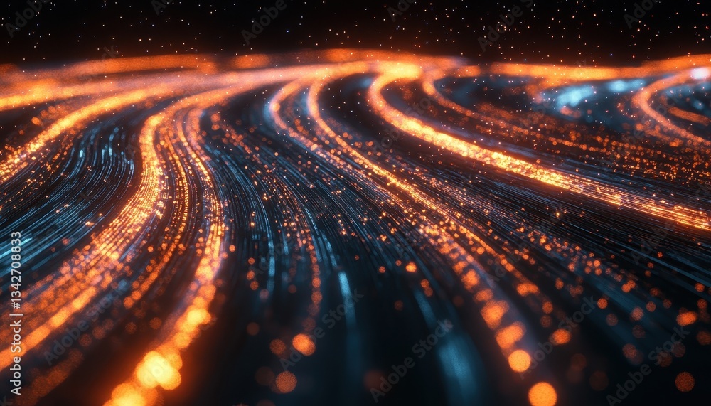 Poster Abstract Glowing Particle Background with Orange and Blue Swirling Lines