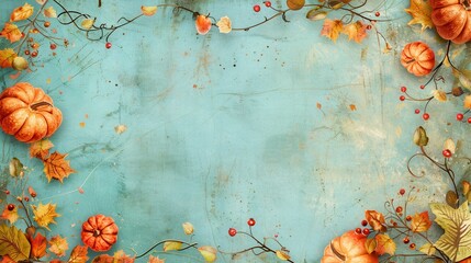 Autumn Background with Pumpkins and Leaves on Blue Textured Surface