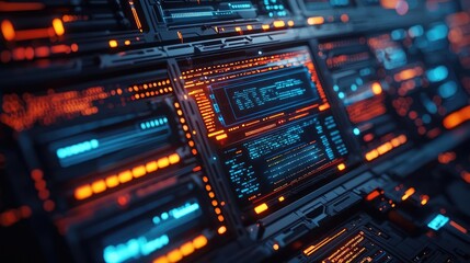 Obraz premium Cybersecurity database security in technology transfer concept. Futuristic data interface with vibrant neon light patterns.