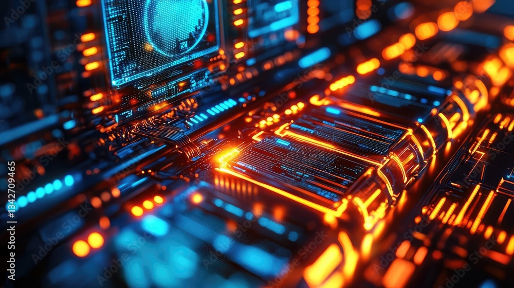 Poster cybersecurity database security in technology transfer concept. close-up view of a futuristic digita