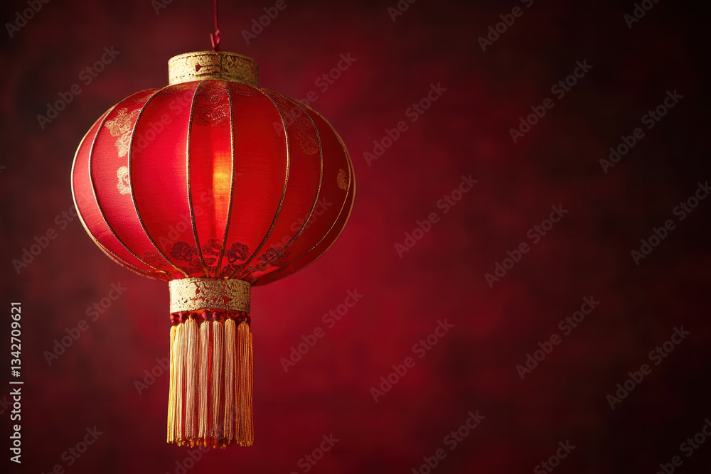 Poster a red lantern with gold trim hanging from a red background. the lantern is lit up, creating a warm a