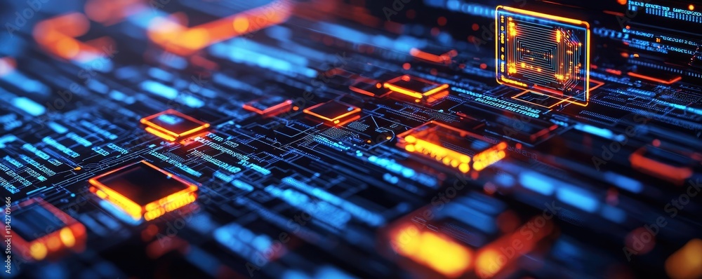 Poster cybersecurity cyberspace protection and network security concept. close-up view of vibrant circuit b