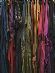 Colorful Fabrics Hanging in Atelier.