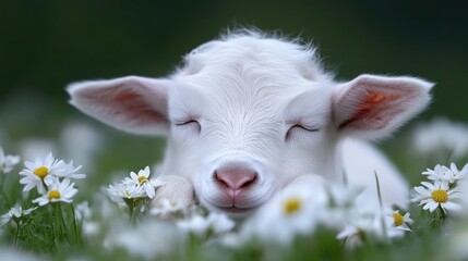 Obraz premium Sweet, white lamb resting in daisy field