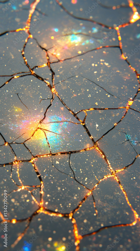 Poster a cracked surface with a rainbow of colors reflecting off of it. the cracks in the surface create a 
