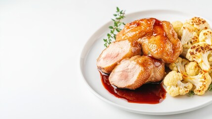 Delicious glazed pork tenderloin sliced and served with roasted cauliflower florets on a white plate garnished with fresh thyme sprigs against a bright white background.