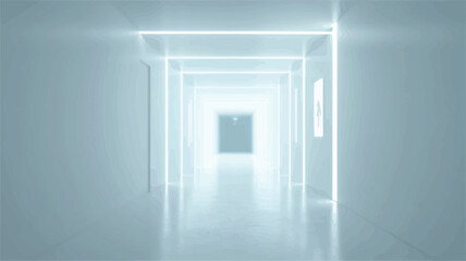 The image shows a long, straight corridor with bright white walls and a highly reflective floor.  Linear fluorescent lights are mounted on the ceiling and walls, creating a strong sense of depth
