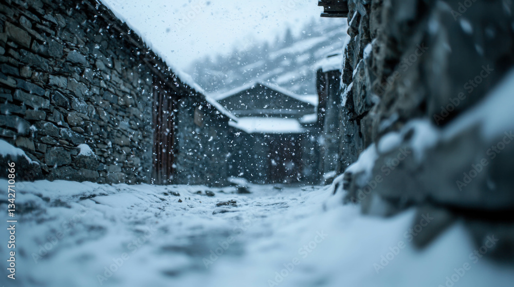 Poster snowy path between stone walls in a rustic village under a falling snowy sky