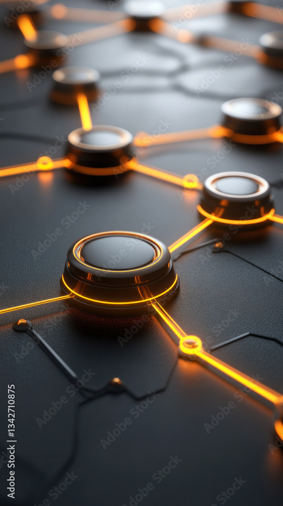 Poster a close up of a black background with a network of orange and black spheres. the spheres are connect