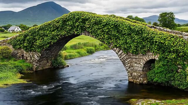 Charming Irish countryside featuring a stone bridge covered with verdant ivy foliage
