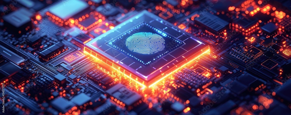 Poster cybersecurity cyberspace protection and network security concept. close-up view of a glowing compute