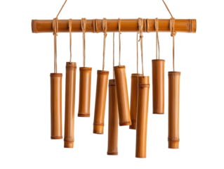 A beautiful bamboo wind chime hanging, producing soothing sounds as the breeze flows through the tubes, creating a tranquil environment.
