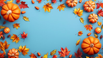 Autumnal Frame with Pumpkins and Maple Leaves on Blue Background