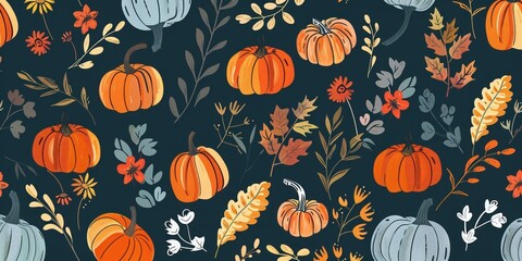 Autumnal Pumpkin Pattern with Teal Background