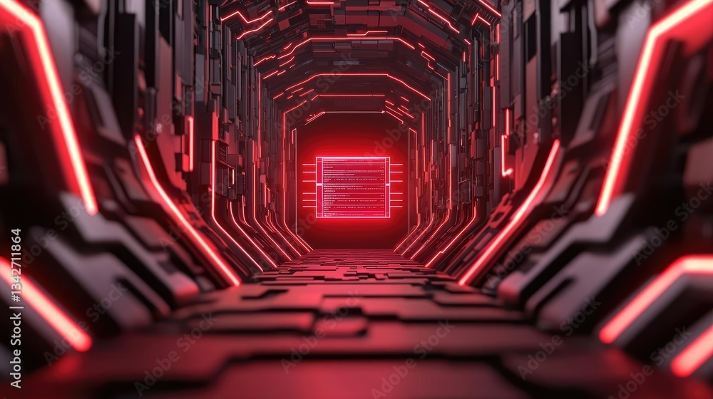 Poster cybersecurity database security in technology transfer concept. futuristic corridor illuminated by r