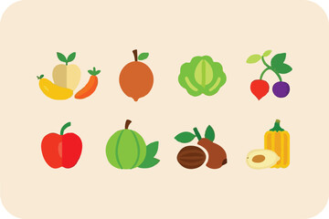 Set of colorful fruits and vegetables icons including apple, strawberry, pear, orange, cherry, banana, lemon, pineapple, watermelon, kiwi, plum, and more in a fresh, healthy design
