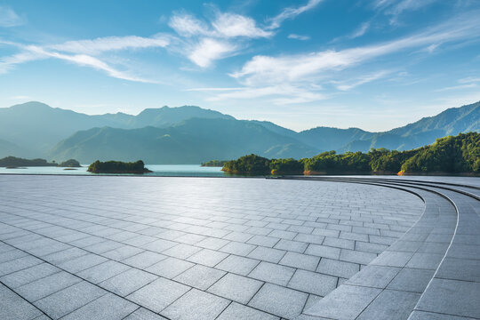 Empty square floor and beautiful lake with mountain natural landscape in summer