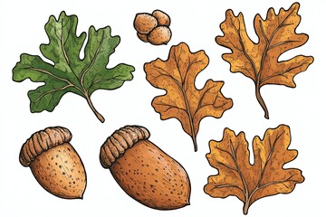 Set of acorns and oak leaves hand drawn on a white background