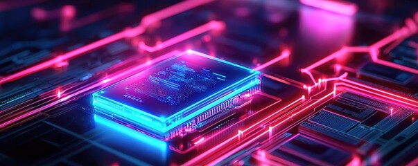 Obraz premium Cybersecurity database security in technology transfer concept. Futuristic circuit board with glowing neon elements and smartphone.