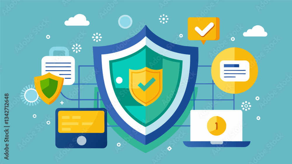 Poster an imtrable shield of advanced security protocols safeguarding a companys digital assets.. vector il