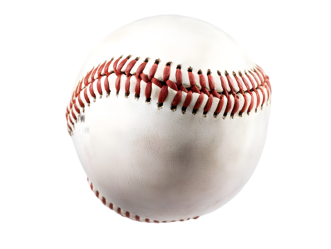 A close-up view of a classic baseball with red stitching against a white background, perfect for sports-themed projects.