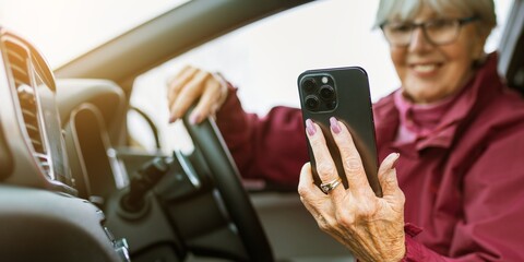 Elderly woman in a car, smiling, holding a smartphone. Senior woman using a smartphone while...